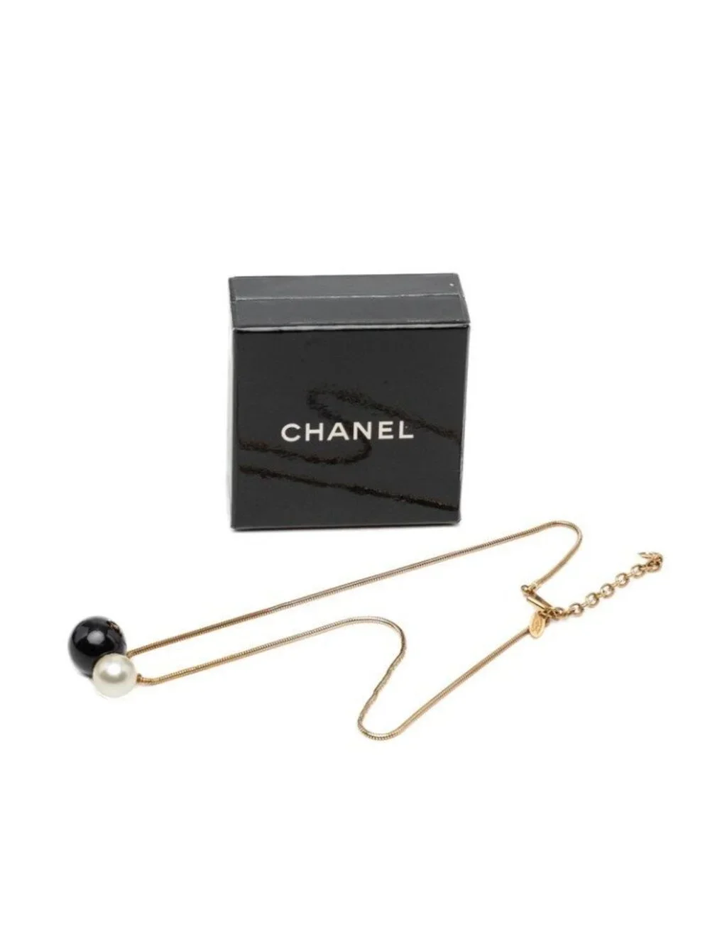 Chanel CC Logo Ball Chain Necklace Gold Black Plated Faux Pearl Plastic